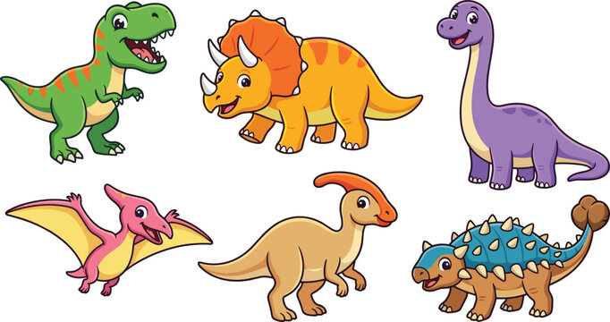 Cute cartoon dinosaurs vector illustration collection featuring friendly prehistoric characters tyrannosaurus triceratops brachiosaurus pterodactyl parasaurolophus and ankylosaurus isolated on white
