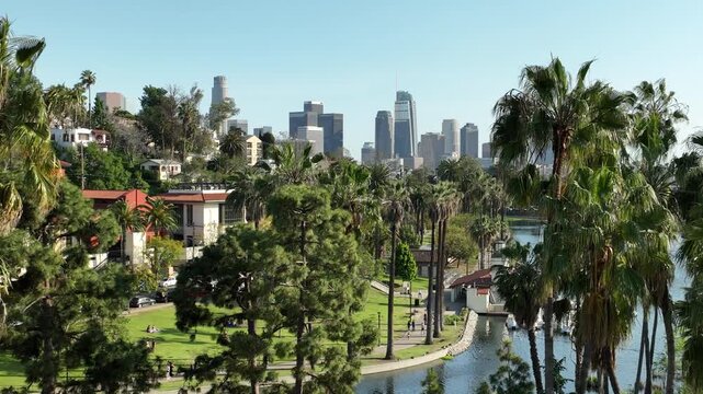 Los Angeles Establish Shot of Palm Trees Dolly R Echo Park California USA