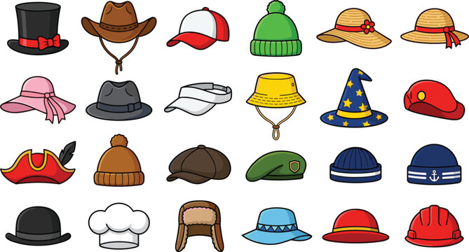Cartoon hats and caps vector illustration collection featuring winter beanies fedora baseball cap cowboy hat wizard hat and chef hat icons