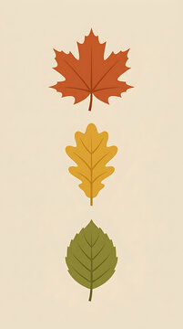 Three autumn leaves in vertical arrangement on beige background