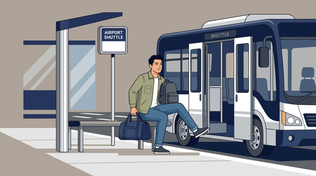 Man waiting for airport shuttle bus at bus stop with luggage