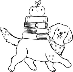 Fototapeta premium Cute Back to School Dog Outline Golden Retriever Carrying Books and Apple Cartoon Hand Drawn
