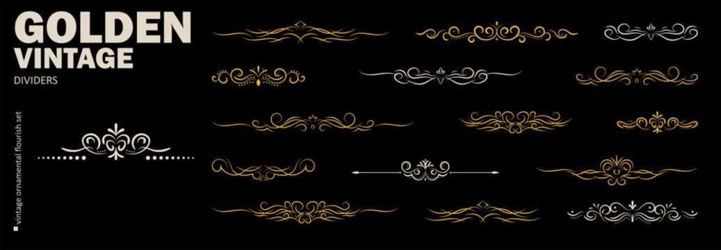 Golden calligraphic chapter divider set with flowing swirls, graceful curves and elegant ornamental lines on black for books, invitations, titles and page decoration.