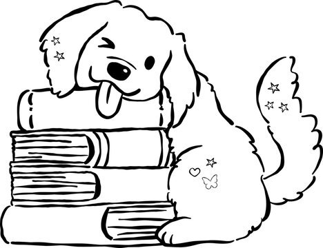 Cute Back to School Dog Outline Golden Retriever Resting on Stack of Books Cartoon Hand Drawn