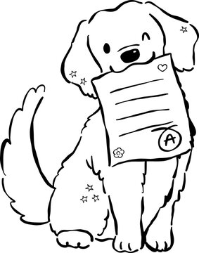Cute Back to School Dog Outline Golden Retriever Holding A Grade Paper Cartoon Hand Drawn