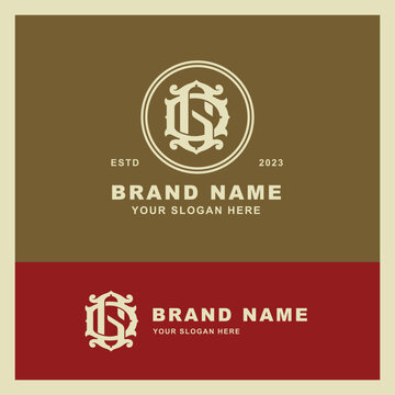 Ornate victorian style letter G and S monogram logo for luxury branding on brown and red background.