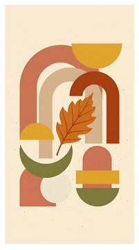 Abstract geometric composition with autumn leaf in earthy tones