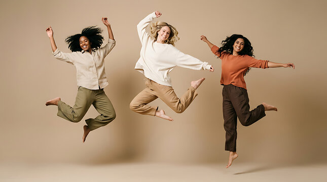 Dynamic group of diverse women jumping joyfully against a neutral background showcasing friendship and vitality