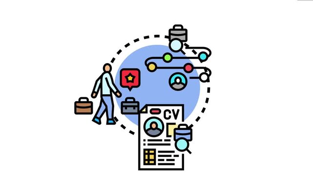 Person walking towards a curriculum vitae with briefcases, seeking job opportunities and managing employment profiles through an online portal for professional growth