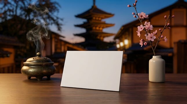 Blank card mockup on a wooden table with Japanese temple and cherry blossom background