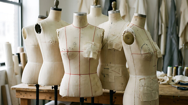 Diverse collection of vintage dress forms and mannequins in a fashion design studio