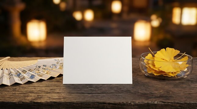 Blank greeting card mockup on rustic wooden table with traditional Japanese fan and yellow leaves