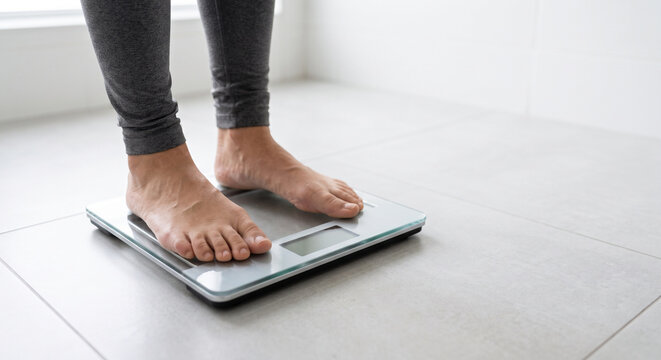 Woman Weighing Herself on Digital Scale for Weight Loss Progress