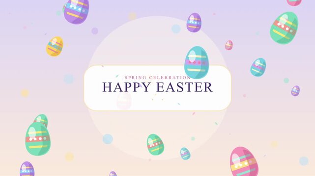 Pixel art animation happy easter text with falling colorful easter eggs and soft pastel background