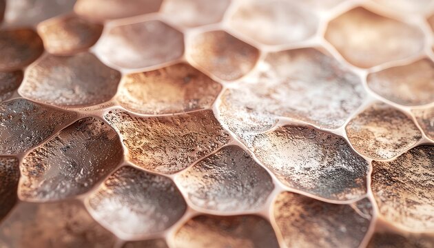 Close-up of metallic snake scales texture with hexagonal pattern