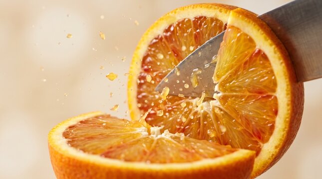 Macro close up of a knife slicing a fresh blood orange with dynamic juice splashes, Generative AI