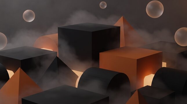 Dark abstract 3D geometric background with glowing orange lights and fog, Generative AI