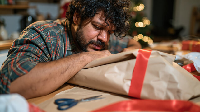 Young Indian father wrapping Christmas present in kitchen with focused expression and festive lights creating warm holiday atmosphere