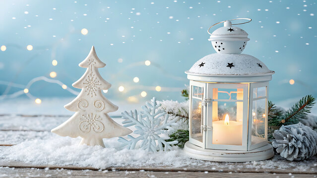 Magical Christmas Still Life with White Tree Candle Lantern and Snowflakes on Blue Winter Background