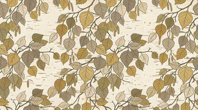 Flat illustrated seamless print with layered silver birch bark leaves in muted taupe and gold tones on light aged paper background design ideal for notebook cover and journal design
