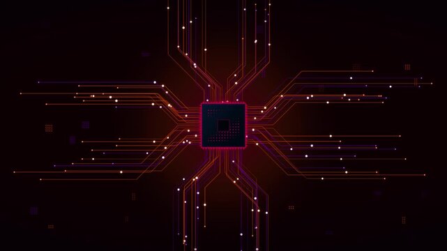 Abstract digital background featuring a repeating pattern of glowing electronic circuits and central processor chips
