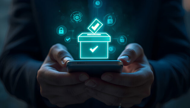 Conceptual image of hands holding a smartphone with a glowing holographic ballot box and security padlocks, representing secure electronic voting