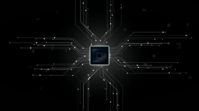 Abstract futuristic grid of interconnected microprocessor chips on a dark background