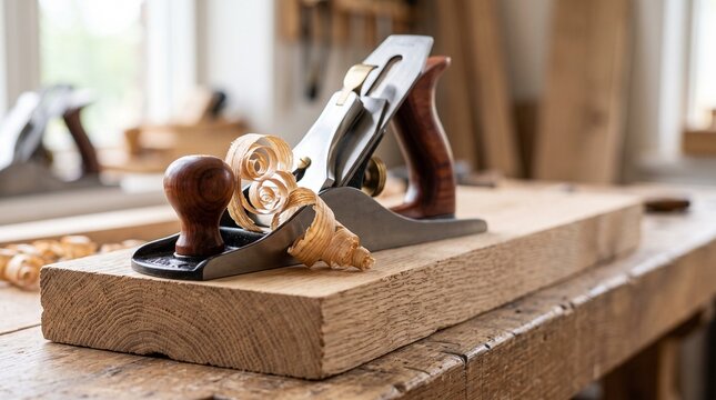 A traditional metal wood plane with curled shavings on a wooden workbench