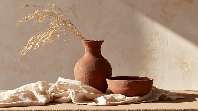 Elegant Still Life of Clay Vase and Bowls with Gold Dust Accents