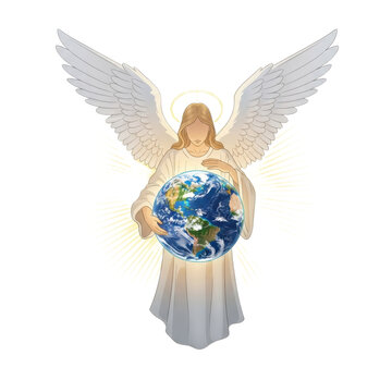 A serene angel with large white wings holding the Earth globe in a gentle embrace, symbolizing protection and divine care over our planet