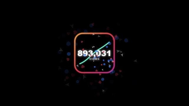 Viral Social Media Content Growth Animation with Rising View Counter and Floating Engagement Icons on Black Background