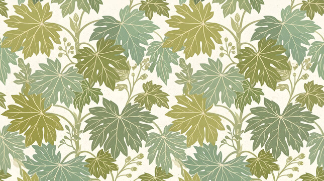 Flat illustrated seamless print pattern of layered rice paper plant leaves in soft warm green and cream tones on textured paper background ideal for wall art and framed print projects