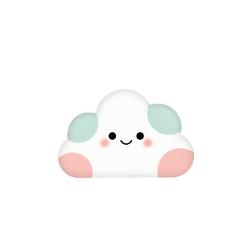 Cute smiling cloud character with pastel pink and mint green accents isolated on a transparent background