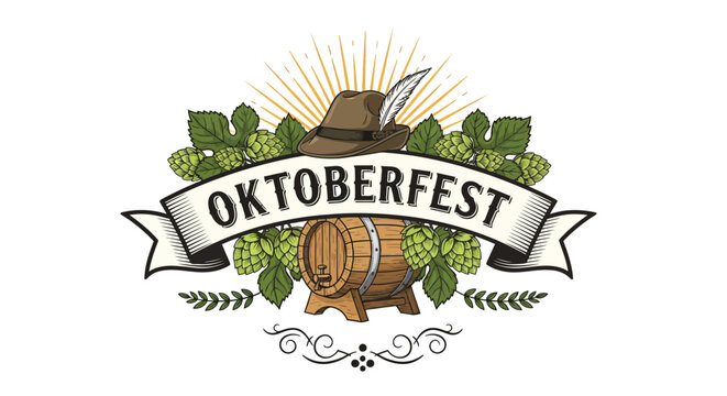 Oktoberfest illustration: barrel, hops, feather hat, sunburst, ribbon banner