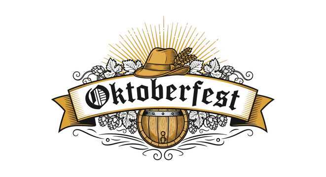 Oktoberfest Logo with Hat, Barrel, Hops and Vines | Vintage Bavarian Celebration