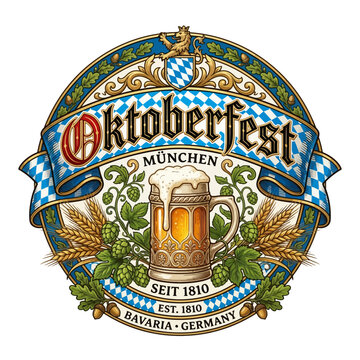 Oktoberfest Munich beer mug with hops, wheat, and Bavarian crest