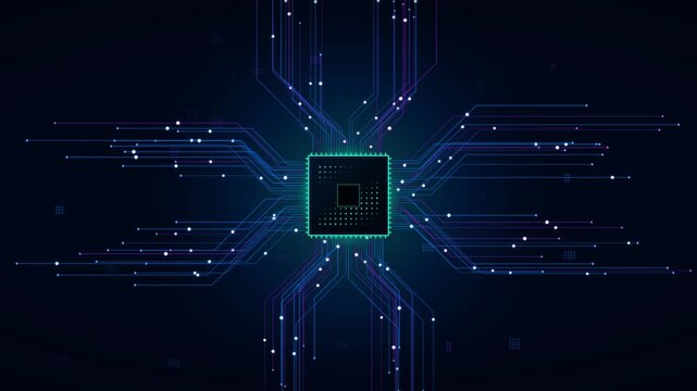 Abstract digital background featuring a repeating pattern of electronic microchip processors with glowing circuit board lines