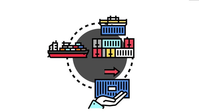 Global supply chain process includes cargo ship moving containers, a crane lifting a container, and a receiving hand accepting merchandise