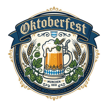 Oktoberfest Logo with Beer Mug, Hops, Wheat, and Bavarian Diamond Pattern