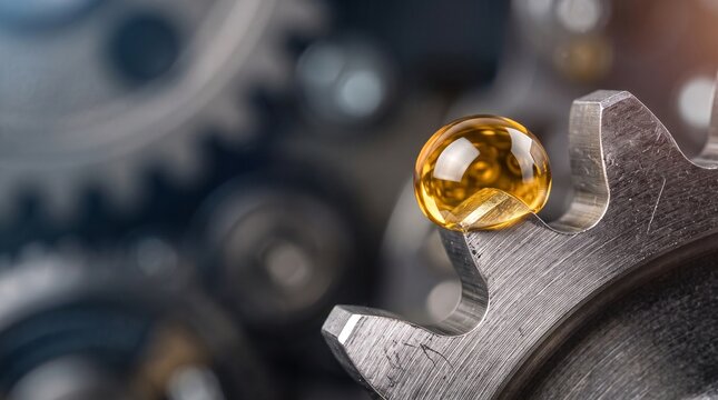 A single drop of golden lubricant on a metallic gear in a machine