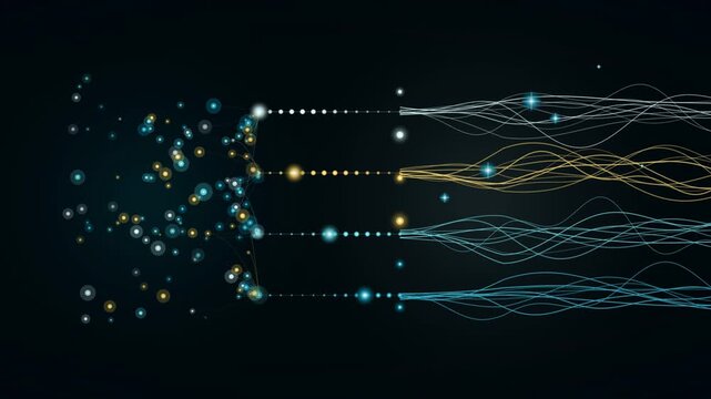 Abstract data visualization showing connected nodes and flowing digital wave patterns on a dark background