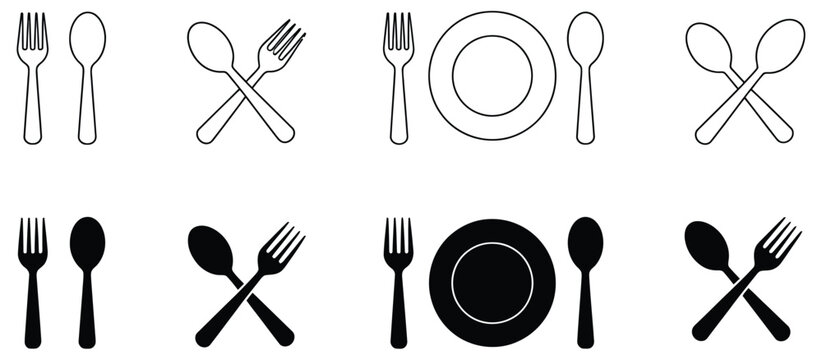 Fork and Spoon Icon Set, Kitchen Utensils, Restaurant Eatery, Tableware, Serving, Crossed Cutlery, Menu Button, and Food Service Symbols
