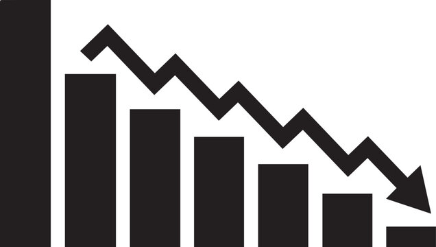 Declining bar chart icon with downward arrow vector for business loss and market crash concept