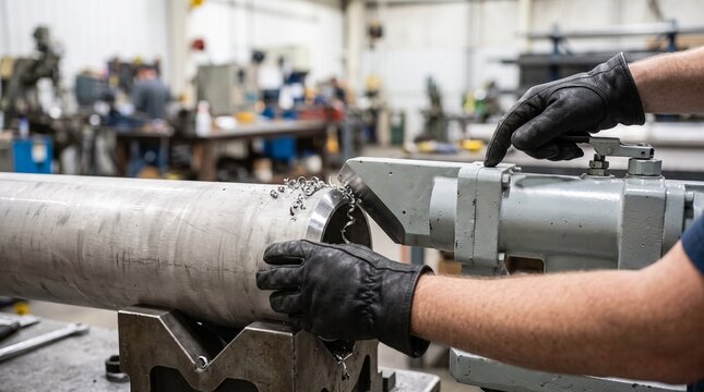 Industrial worker beveling the edge of a steel pipe in a factory workshop