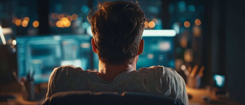 Focused individual working at a desk with multiple computer screens illuminated in a dark environment showcasing technology and creativity in digital workspace. Generative AI