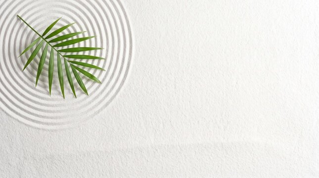 A green tropical palm leaf placed on white sand with circular ripple patterns
