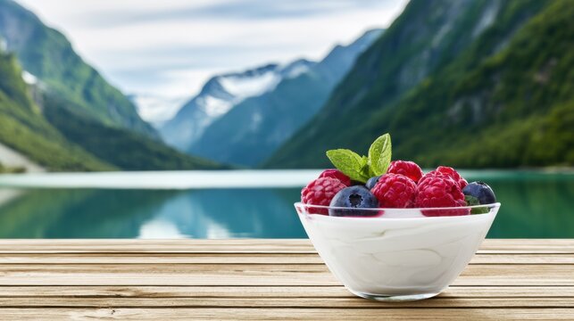 Fruit and yogurt served by a lake surrounded by mountains in the daytime