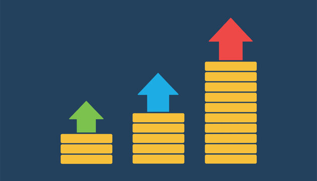 Financial growth concept shows three stacks of gold coins increasing in size with upward arrows on a blue background.