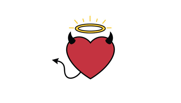 Red heart character with devil horns and a pointy tail also features a glowing golden angel halo floating above.