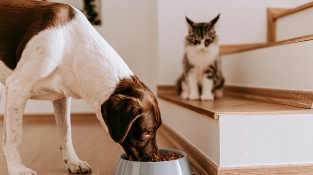Dog eats from a bowl while cat watches from the stairs in a home setting